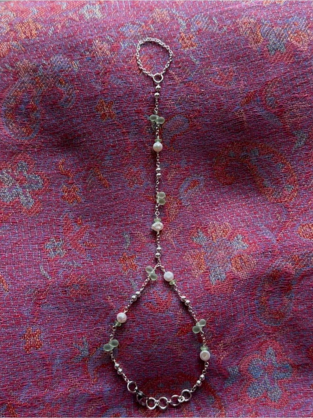 Silver Pearl & Light Green Bead Hand Chain Bracelet